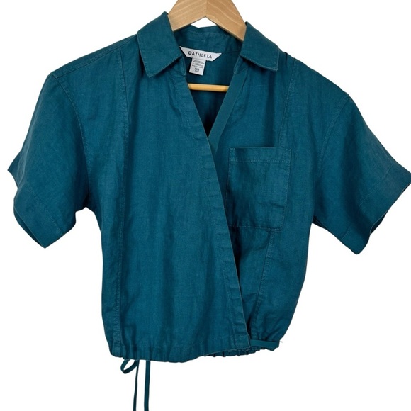 Athleta Playa Tie Front Linen Crop Top Teal Blue XXS - Picture 5 of 11